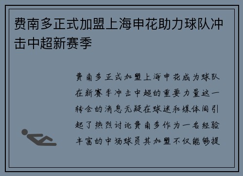费南多正式加盟上海申花助力球队冲击中超新赛季